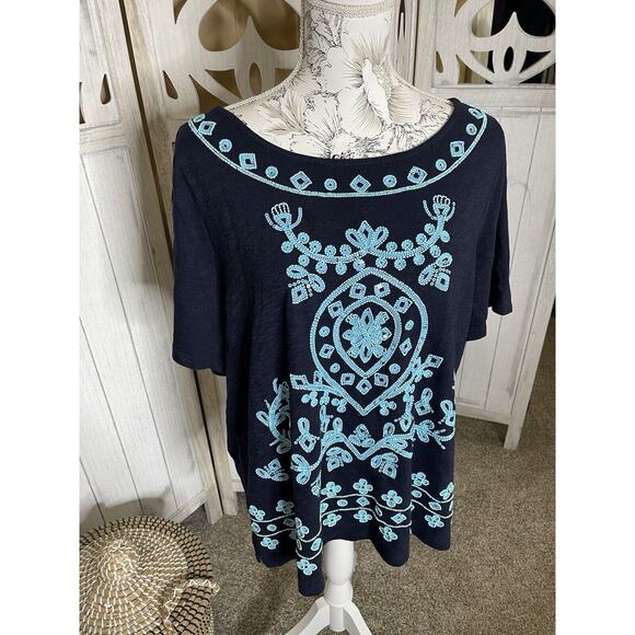 Talbots Beaded Blue Top Womens Navy Short Sleeve Cotton Shirt Size Petite 2XL - Picture 1 of 5